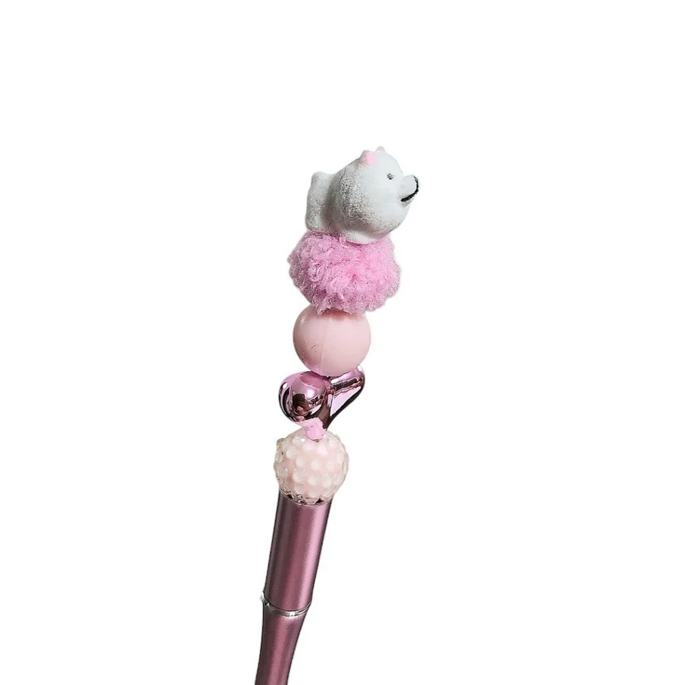 Dog Puppy Beaded Ballpoint Twist Pen Pink White Topper